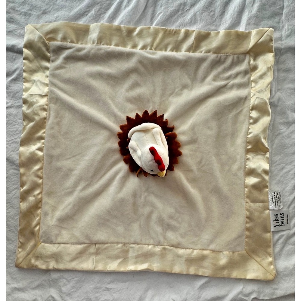 Yikes Twins Chicken Baby Security Blanket Satin Edges Cream White 20x20